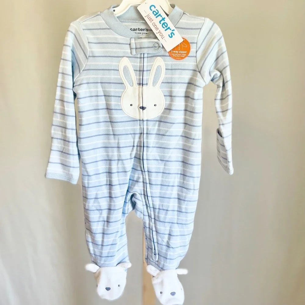 Carter's‎ Just One You Baby Blue Striped Bunny Footed Sleeper Pajamas NWT 9M